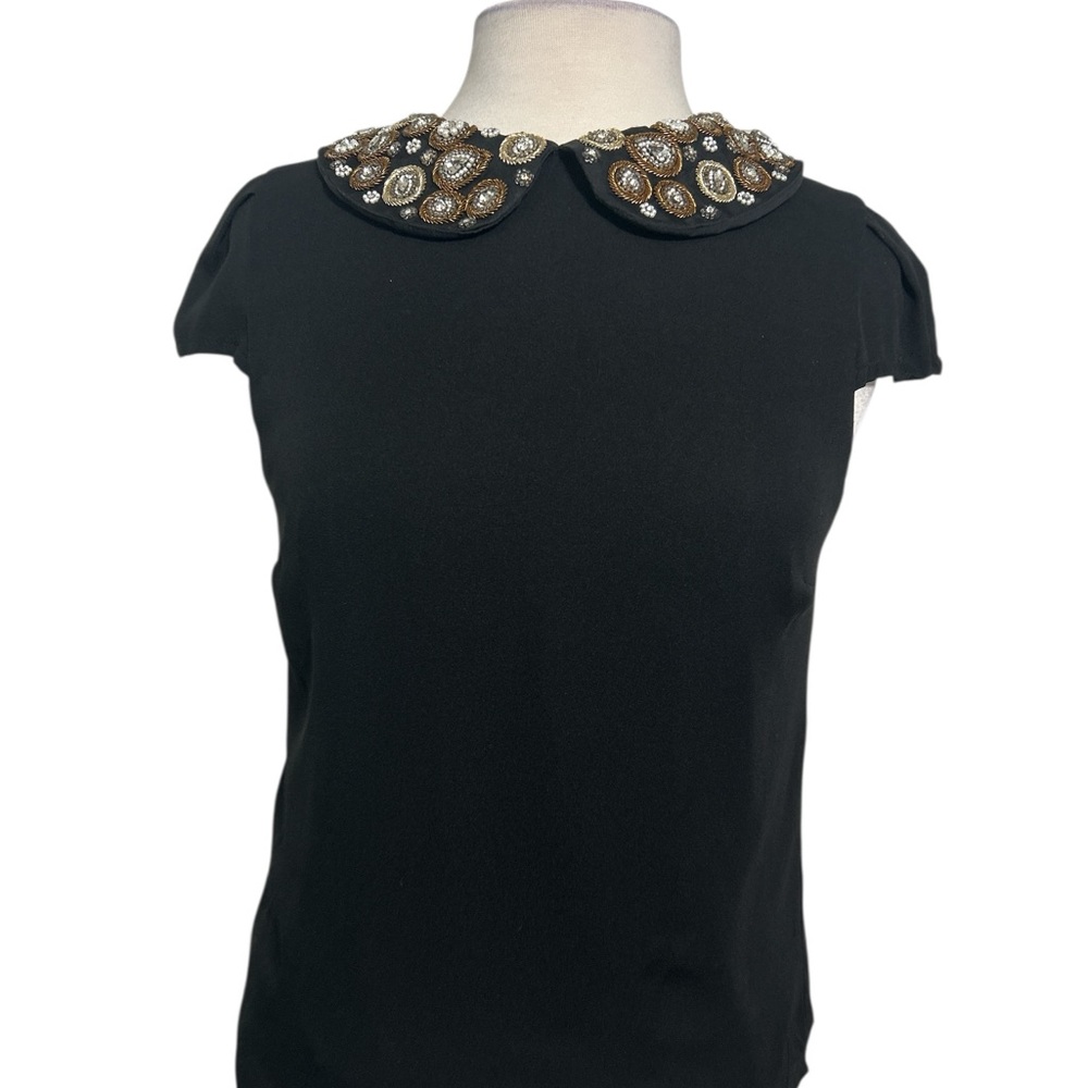 Alice + Olivia, Embellished Black Top with Beaded Collar